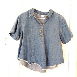 90s Frayed Edge, Curved Hem Collared Short Sleeve Denim Top, Cropped at Waist